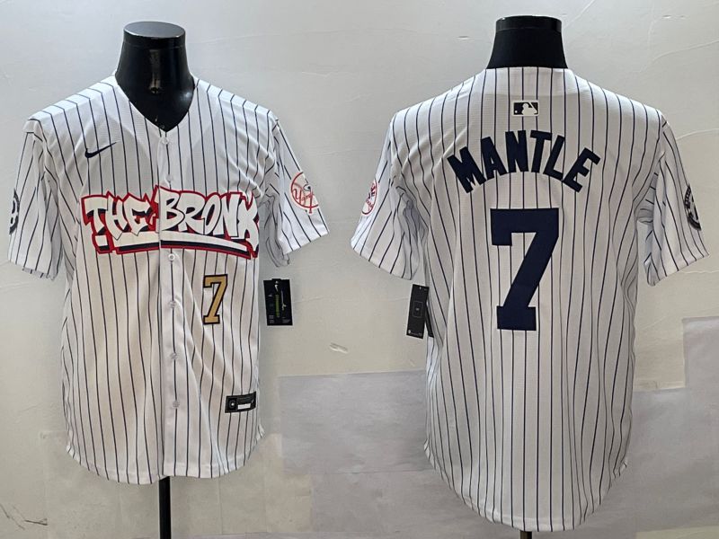 Men New York Yankees #7 Mantle White Stripe four generations Joint Name 2025 Nike MLB Jersey style 5->new york yankees->MLB Jersey